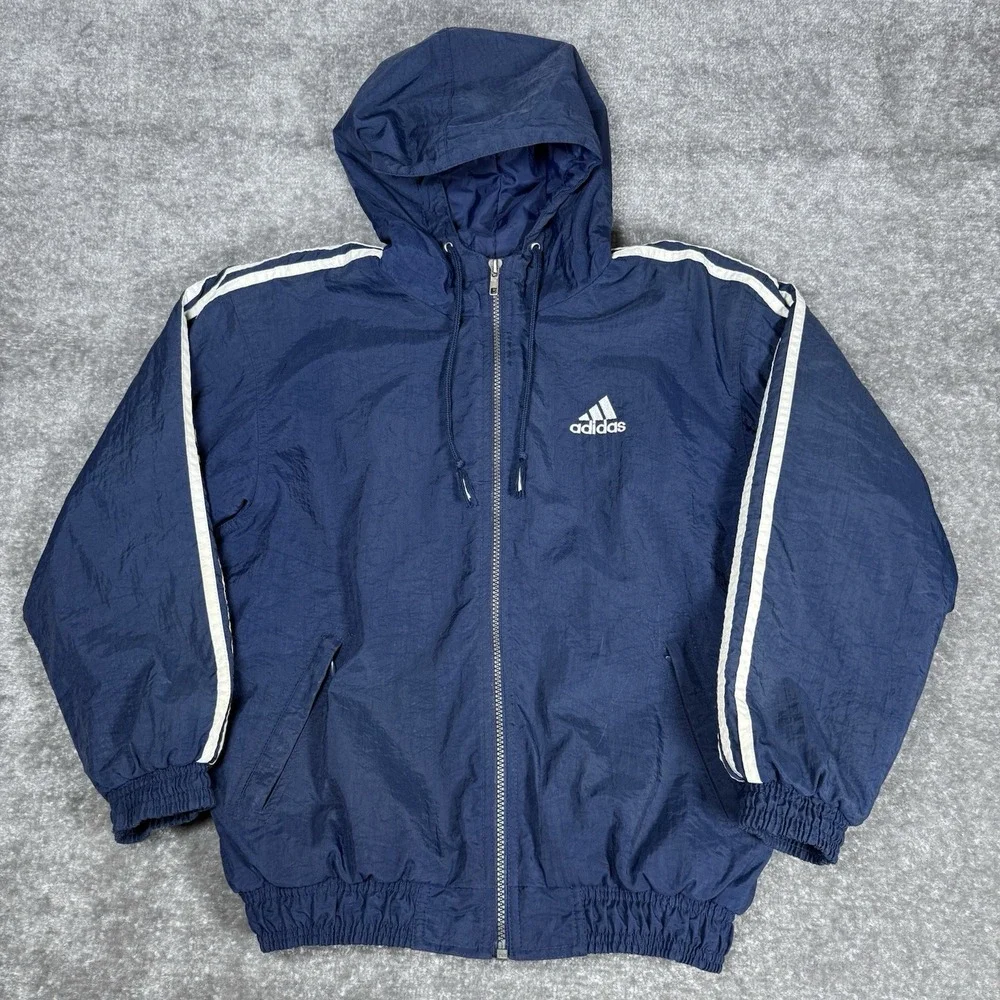 Vintage Adidas Jacket Boy's Medium Blue Hooded Full Zip Trefoil‎